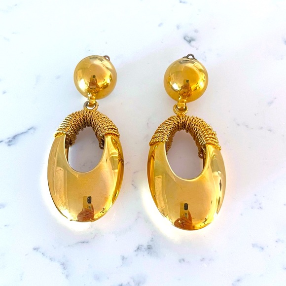 Vintage 80’s Gold Tone Oval Drop Statement Earrings - Picture 1 of 4
